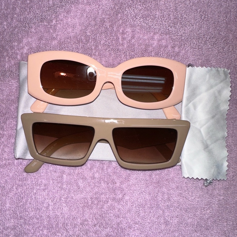 Nude Pink & Beige Rectangle Sunglasses Set – Never Used – With Duster & Cloth